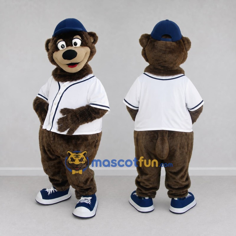 Custom Brown White and Blue Bear in Baseball Jersey Mascot Costume Adult Full Body Suit for Sports Events