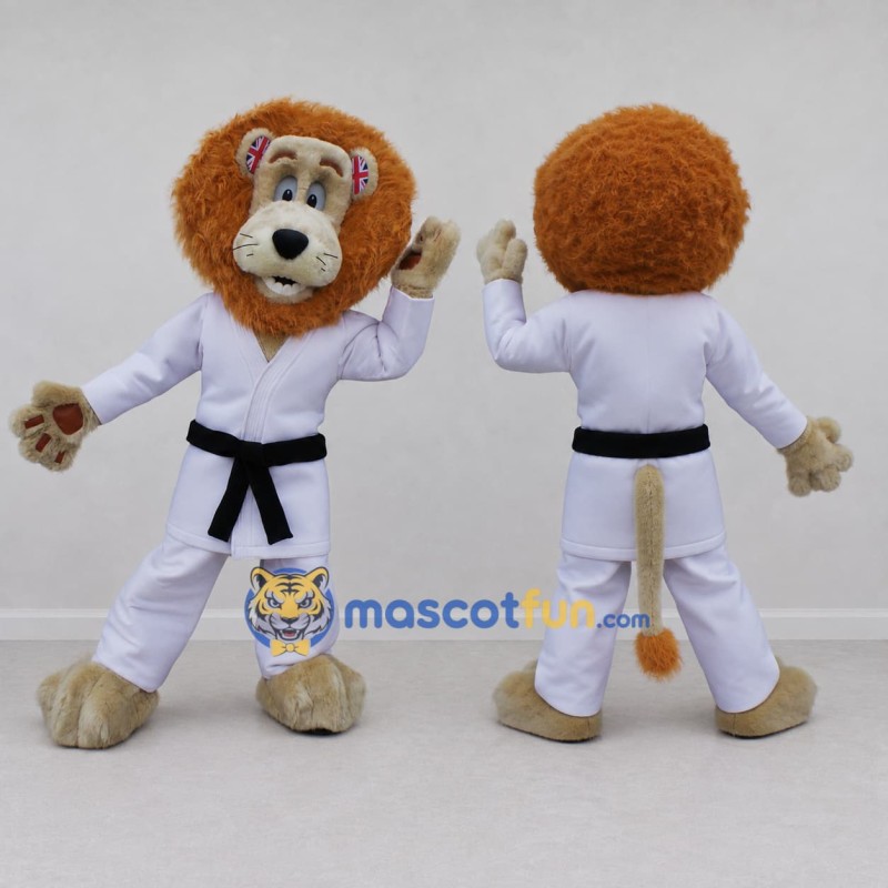 Custom Tan White and Black Lion Martial Artist Mascot Costume Adult Full Body Suit for Martial Arts Events Custom Tan White and Black Lion Martial Artist Mascot Costume Adult Full Body Suit for Martial Arts Events