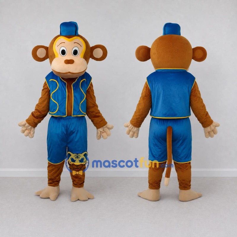 Custom Tan and Blue Monkey in Vest and Fez Mascot Costume Adult Full Body Suit for Themed Parties