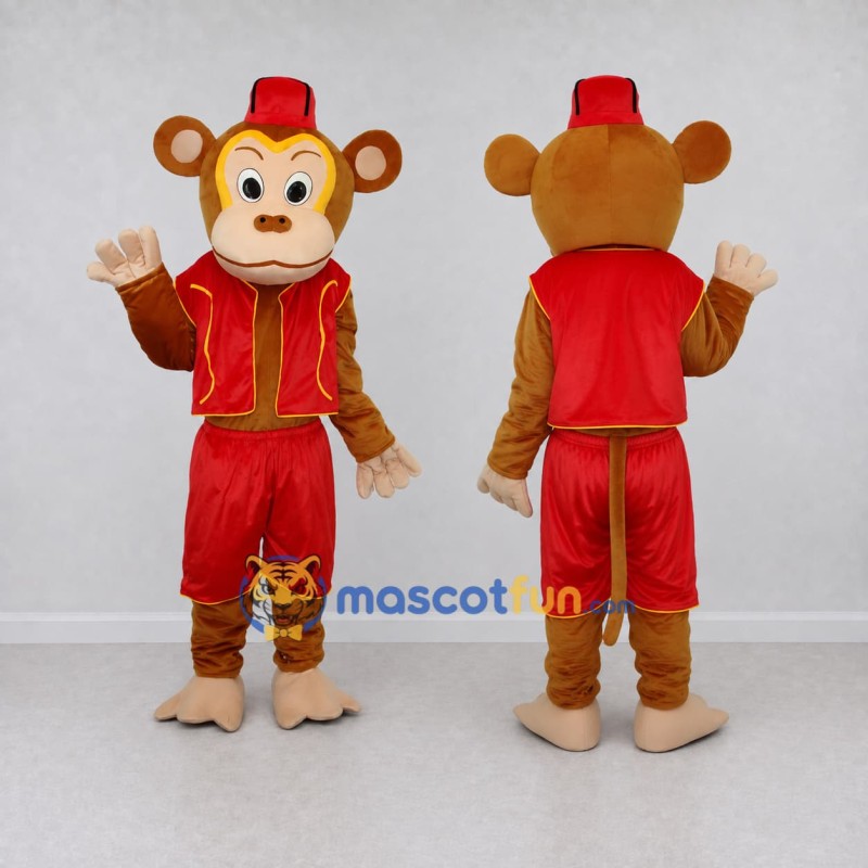 Custom Tan and Red Monkey in Vest and Fez Mascot Costume Adult Full Body Suit for Themed Parties