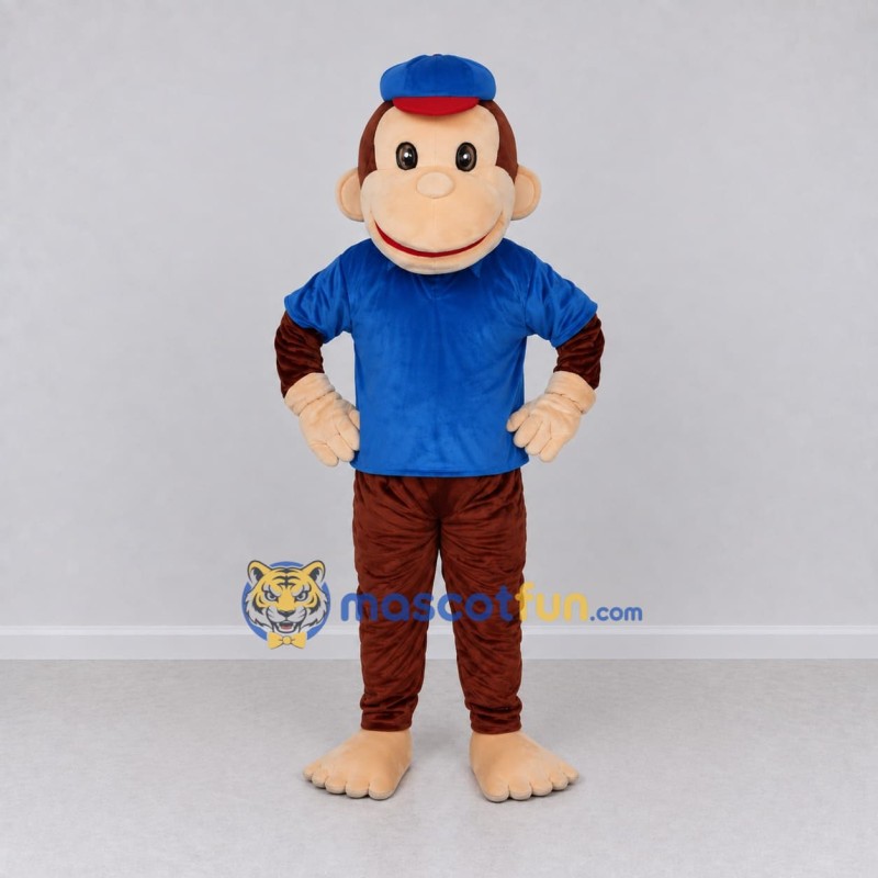 Custom Brown and Blue Monkey in Cap and T Shirt Mascot Costume Adult Full Body Suit for School Events