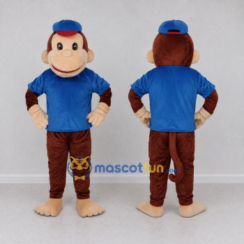 Custom Brown and Blue Monkey in Cap and T Shirt Mascot Costume Adult Full Body Suit for School Events