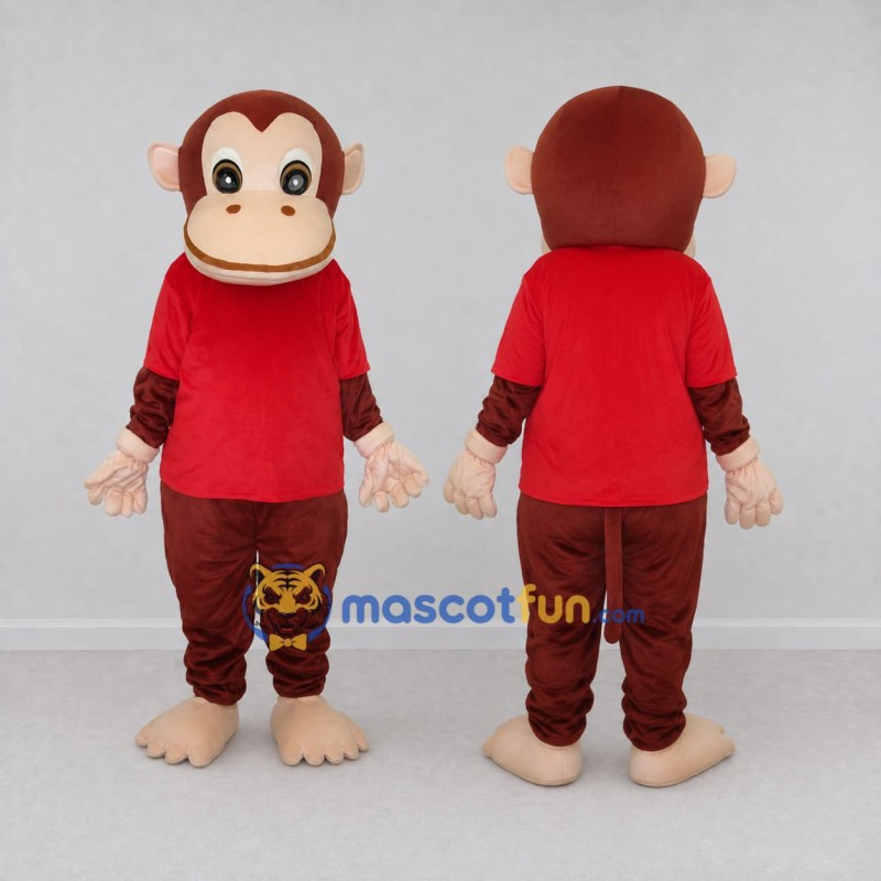 Custom Brown and Red Monkey in T Shirt Mascot Costume Adult Full Body Suit for School Events Custom Brown and Red Monkey in T Shirt Mascot Costume Adult Full Body Suit for School Events