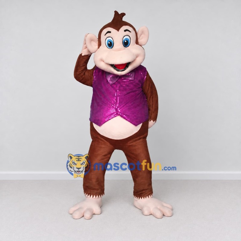 Custom Brown and Purple Monkey in Vest Mascot Costume Adult Full Body Suit for Themed Parties Custom Brown and Purple Monkey in Vest Mascot Costume Adult Full Body Suit for Themed Parties