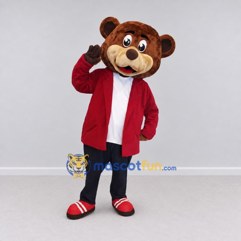 Custom Brown and Red Bear in Jacket Mascot Costume Adult Full Body Suit for School Events Custom Brown and Red Bear in Jacket Mascot Costume Adult Full Body Suit for School Events