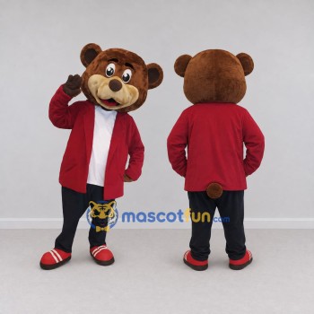 Custom Brown and Red Bear in Jacket Mascot Costume Adult Full Body Suit for School Events
