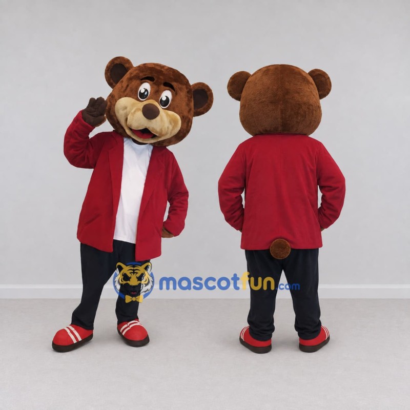 Custom Brown and Red Bear in Jacket Mascot Costume Adult Full Body Suit for School Events Custom Brown and Red Bear in Jacket Mascot Costume Adult Full Body Suit for School Events