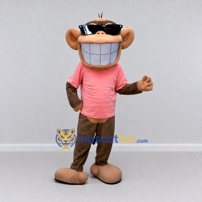 Custom Brown and Pink Monkey in Sunglasses and T Shirt Mascot Costume Adult Full Body Suit for School Events Custom Brown and Pink Monkey in Sunglasses and T Shirt Mascot Costume Adult Full Body Suit for School Events