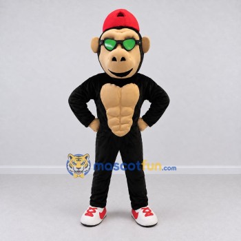 Custom Black Tan and Red Muscular Monkey in Cap Mascot Costume Adult Full Body Suit for School Events Custom Black Tan and Red Muscular Monkey in Cap Mascot Costume Adult Full Body Suit for School Events