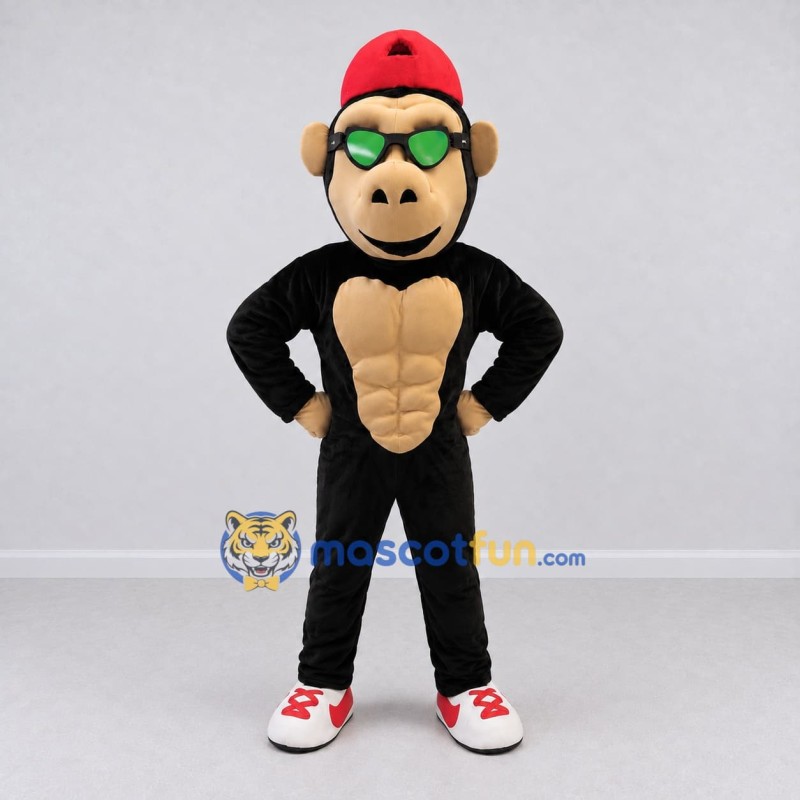 Custom Black Tan and Red Muscular Monkey in Cap Mascot Costume Adult Full Body Suit for School Events