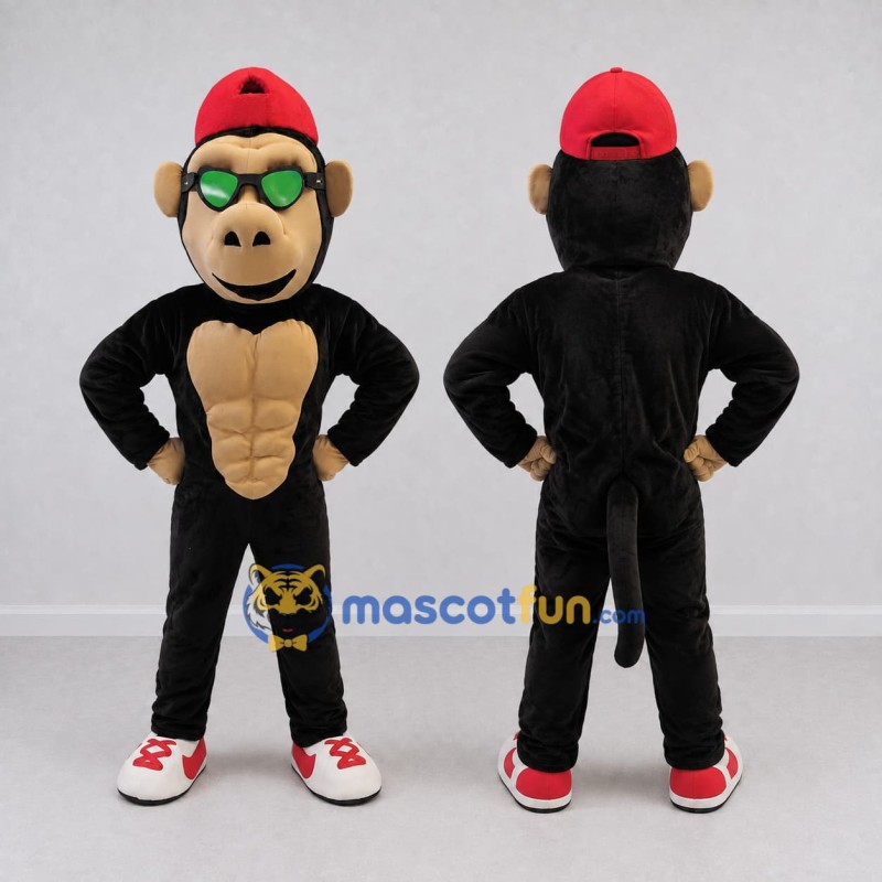 Custom Black Tan and Red Muscular Monkey in Cap Mascot Costume Adult Full Body Suit for School Events