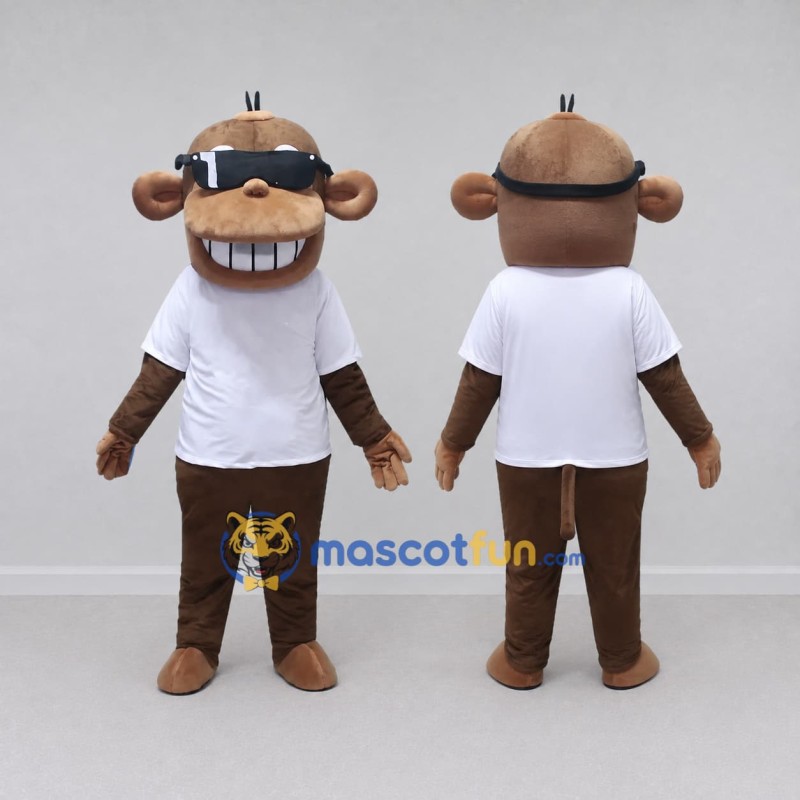 Custom Brown and White Monkey in Sunglasses and T Shirt Mascot Costume Adult Full Body Suit for School Events Custom Brown and White Monkey in Sunglasses and T Shirt Mascot Costume Adult Full Body Suit for School Events