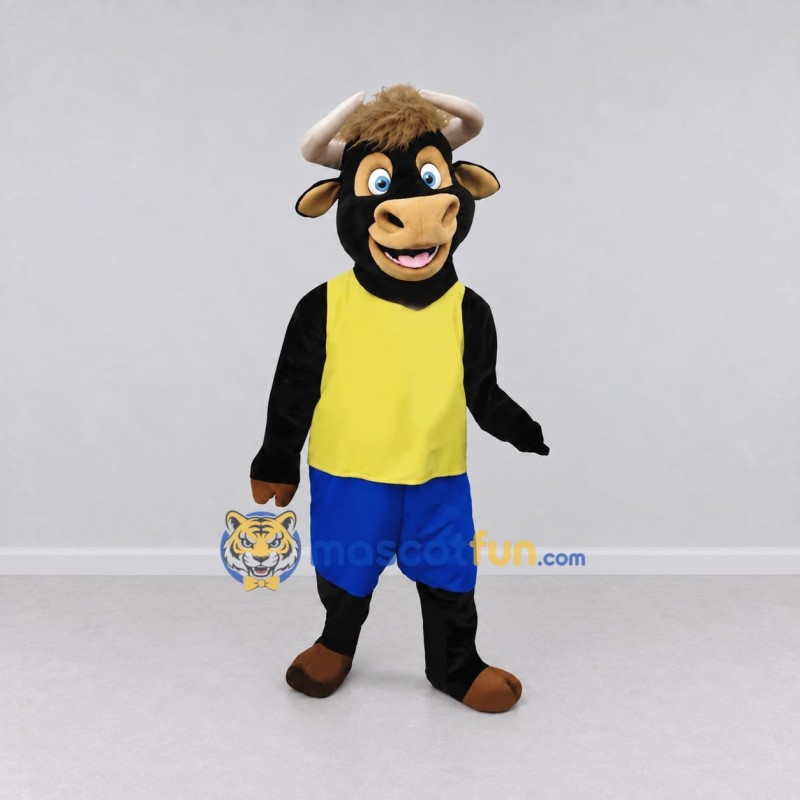 Custom Black Yellow and Blue Bull in Sportswear Mascot Costume Adult Full Body Suit for Sports Events Custom Black Yellow and Blue Bull in Sportswear Mascot Costume Adult Full Body Suit for Sports Events