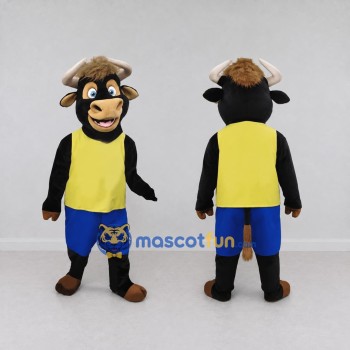 Custom Black Yellow and Blue Bull in Sportswear Mascot Costume Adult Full Body Suit for Sports Events