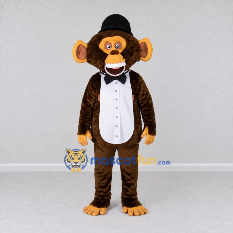Custom Brown Black and White Monkey in Bowler Hat Mascot Costume Adult Full Body Suit for Themed Parties