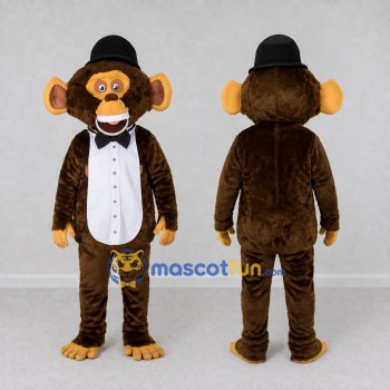 Custom Brown Black and White Monkey in Bowler Hat Mascot Costume Adult Full Body Suit for Themed Parties