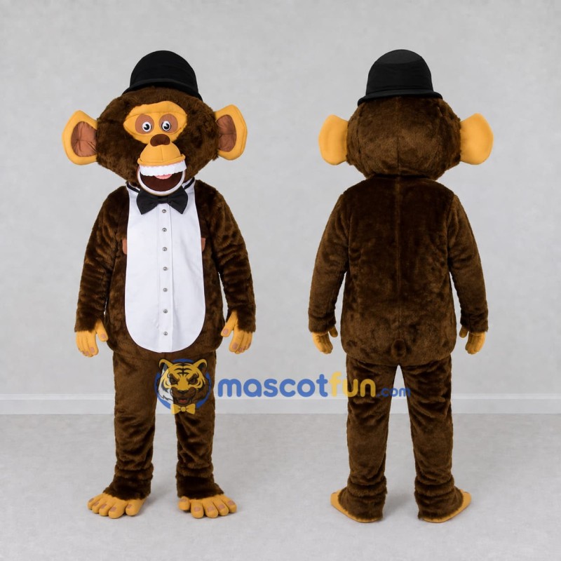 Custom Brown Black and White Monkey in Bowler Hat Mascot Costume Adult Full Body Suit for Themed Parties