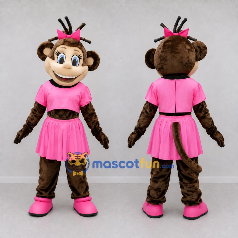 Custom Brown and Pink Monkey in Skirt Mascot Costume Adult Full Body Suit for School Events Custom Brown and Pink Monkey in Skirt Mascot Costume Adult Full Body Suit for School Events