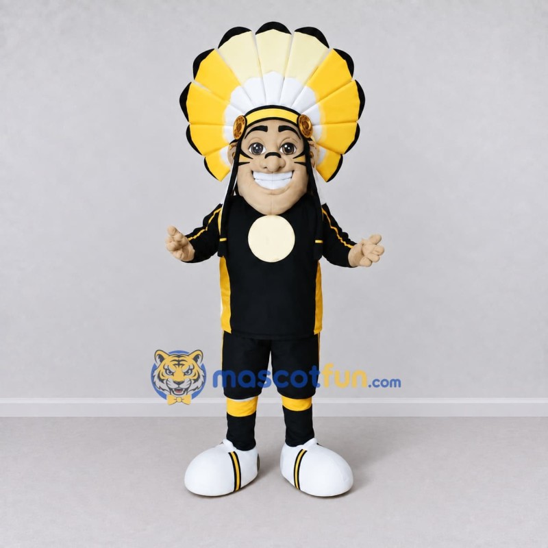 Custom Black Yellow and White Monkey with Feather Headdress Mascot Costume Adult Full Body Suit for Themed Parties
