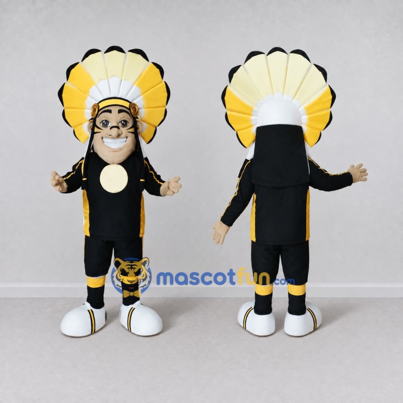 Custom Black Yellow and White Monkey with Feather Headdress Mascot Costume Adult Full Body Suit for Themed Parties