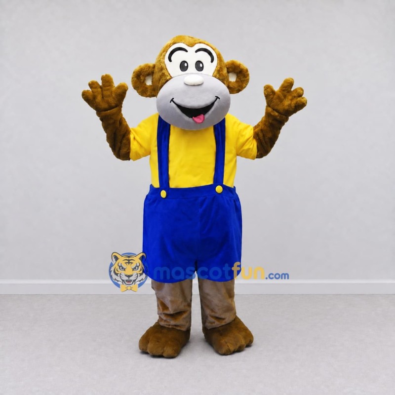 Custom Brown Yellow and Blue Monkey in Overalls Mascot Costume Adult Full Body Suit for School Events