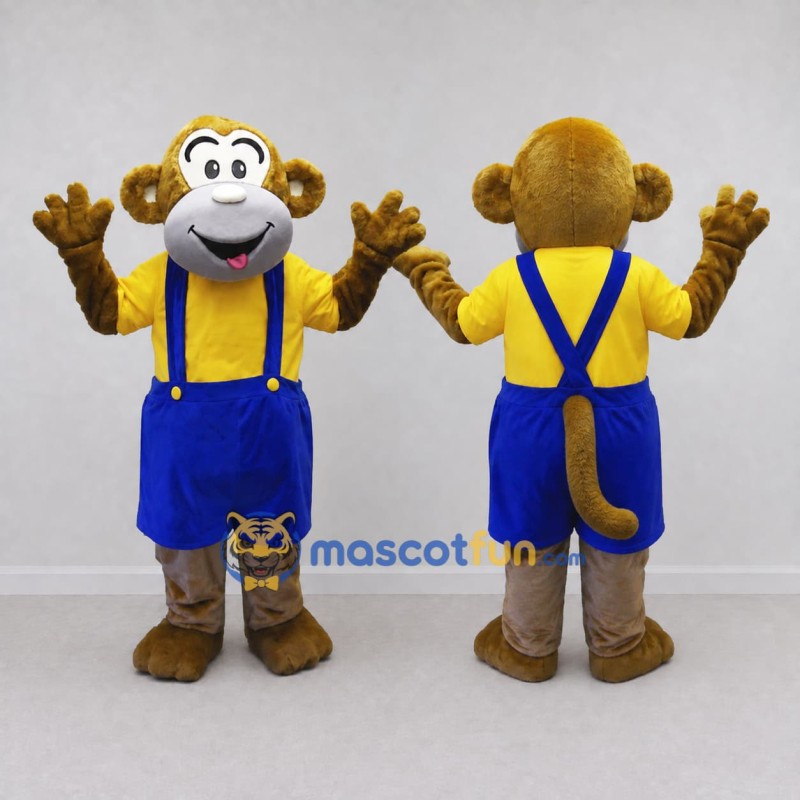 Custom Brown Yellow and Blue Monkey in Overalls Mascot Costume Adult Full Body Suit for School Events