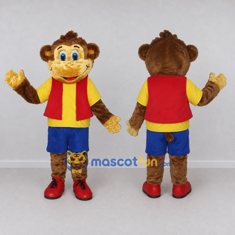 Custom Brown and Red Monkey in Vest Mascot Costume Adult Full Body Suit for School Events Custom Brown and Red Monkey in Vest Mascot Costume Adult Full Body Suit for School Events
