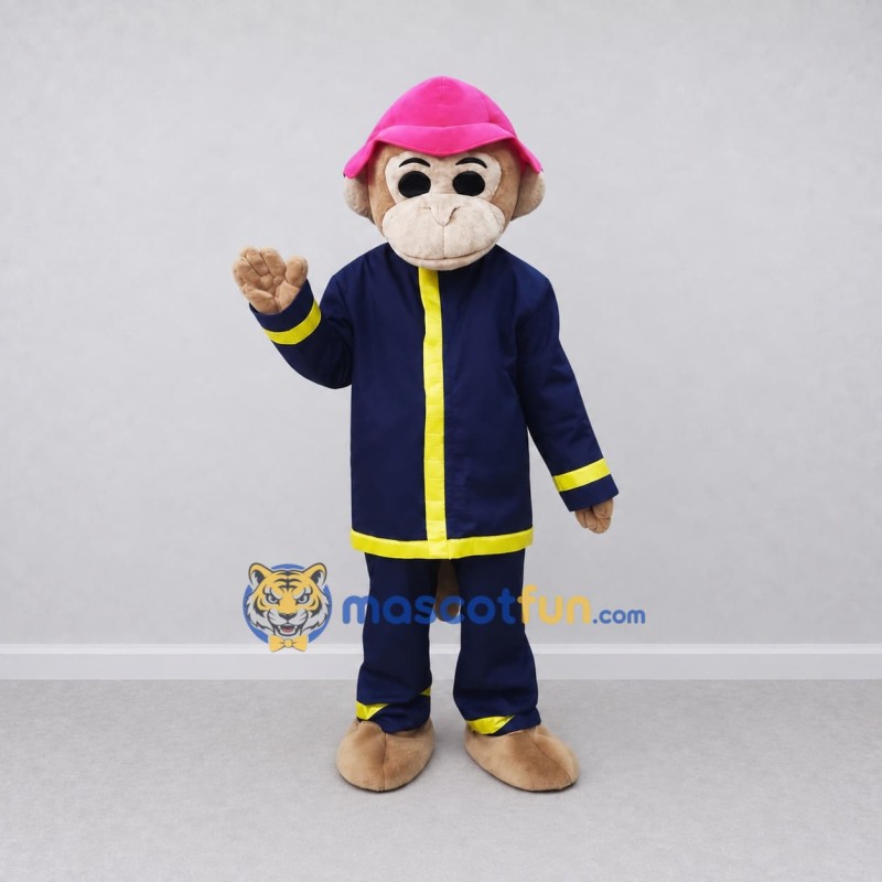 Custom Tan and Navy Blue Monkey Firefighter Mascot Costume Adult Full Body Suit for Community Events Custom Tan and Navy Blue Monkey Firefighter Mascot Costume Adult Full Body Suit for Community Events