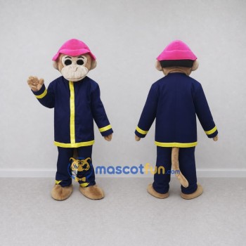 Custom Tan and Navy Blue Monkey Firefighter Mascot Costume Adult Full Body Suit for Community Events
