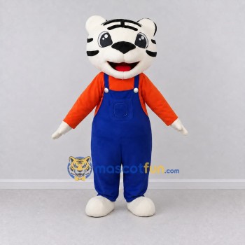 Custom White and Blue Tiger in Overalls Mascot Costume Adult Full Body Suit for School Events