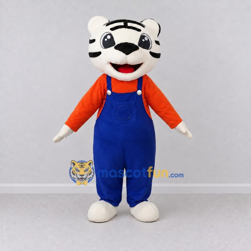 Custom White and Blue Tiger in Overalls Mascot Costume Adult Full Body Suit for School Events Custom White and Blue Tiger in Overalls Mascot Costume Adult Full Body Suit for School Events
