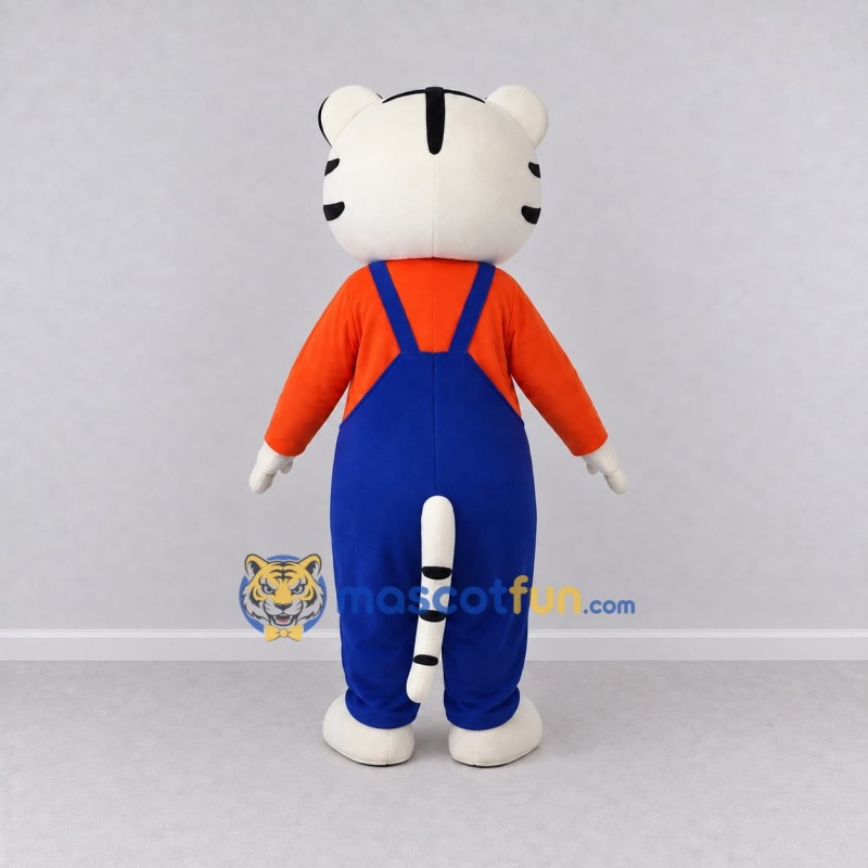 Custom White and Blue Tiger in Overalls Mascot Costume Adult Full Body Suit for School Events Custom White and Blue Tiger in Overalls Mascot Costume Adult Full Body Suit for School Events