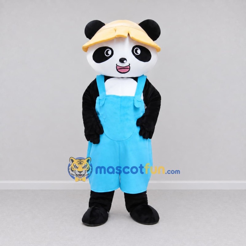 Custom Black White and Blue Panda in Hard Hat and Overalls Mascot Costume Adult Full Body Suit for Community Events Custom Black White and Blue Panda in Hard Hat and Overalls Mascot Costume Adult Full Body Suit for Community Events