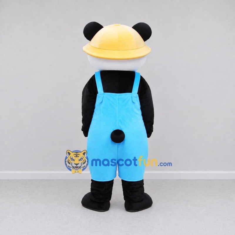 Custom Black White and Blue Panda in Hard Hat and Overalls Mascot Costume Adult Full Body Suit for Community Events Custom Black White and Blue Panda in Hard Hat and Overalls Mascot Costume Adult Full Body Suit for Community Events