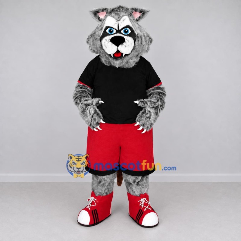 Custom Gray and Red Wolf in Sportswear Mascot Costume Adult Full Body Suit for Sports Events Custom Gray and Red Wolf in Sportswear Mascot Costume Adult Full Body Suit for Sports Events
