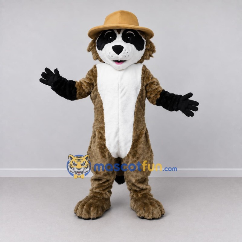 Custom Brown and White Raccoon in Hat Mascot Costume Adult Full Body Suit for Outdoor Events Custom Brown and White Raccoon in Hat Mascot Costume Adult Full Body Suit for Outdoor Events