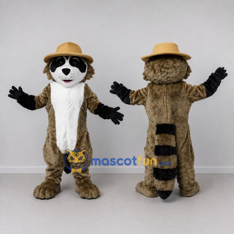 Custom Brown and White Raccoon in Hat Mascot Costume Adult Full Body Suit for Outdoor Events Custom Brown and White Raccoon in Hat Mascot Costume Adult Full Body Suit for Outdoor Events