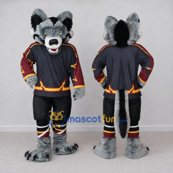 Custom Gray Black and Maroon Wolf in Sportswear Mascot Costume Adult Full Body Suit for Sports Events