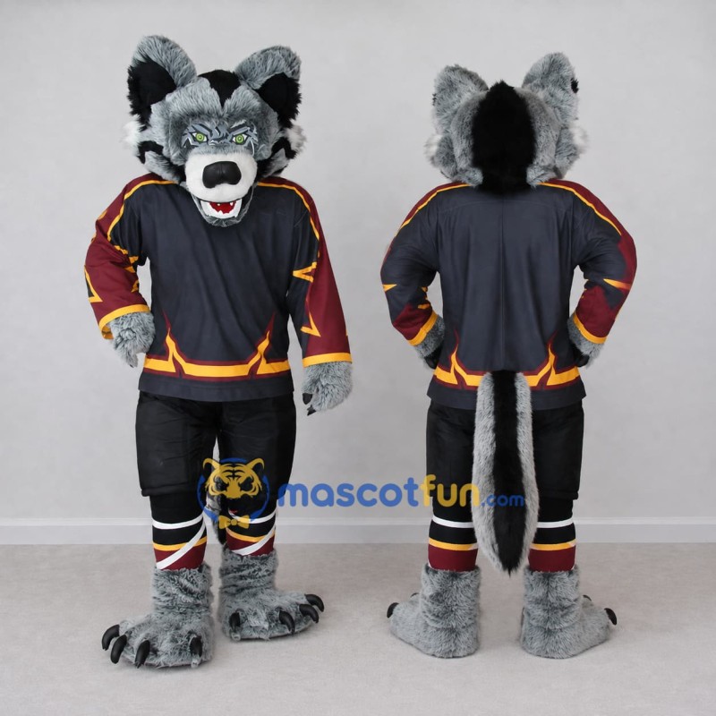 Custom Gray Black and Maroon Wolf in Sportswear Mascot Costume Adult Full Body Suit for Sports Events Custom Gray Black and Maroon Wolf in Sportswear Mascot Costume Adult Full Body Suit for Sports Events