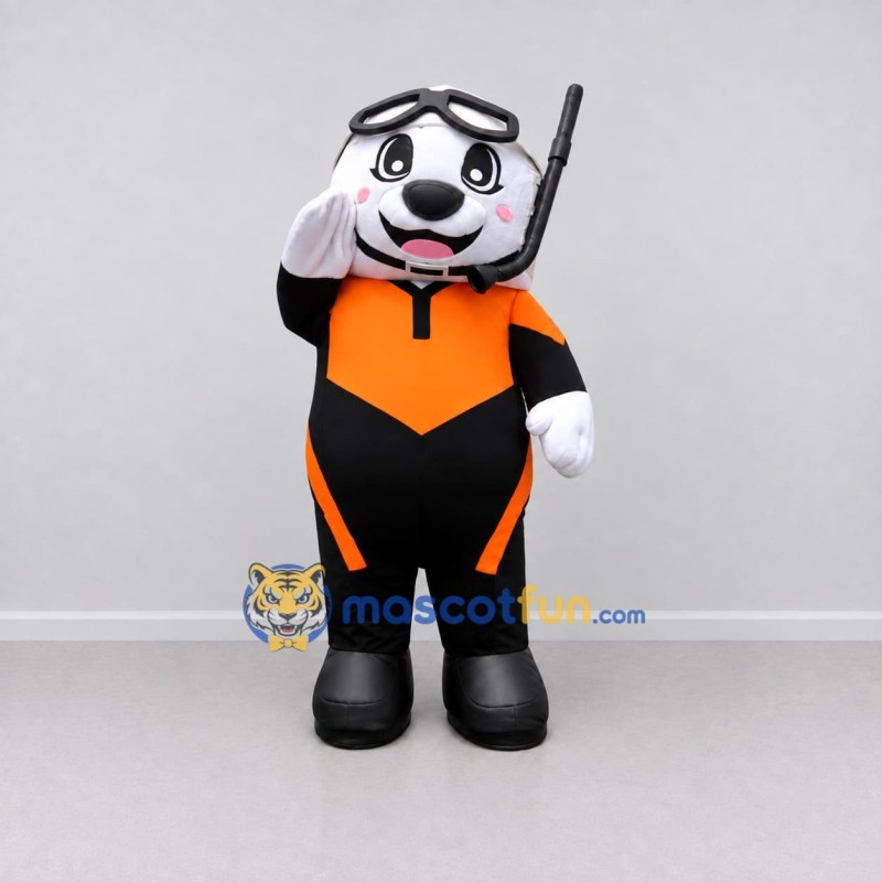 Custom Black White and Orange Panda in Diving Outfit Mascot Costume Adult Full Body Suit for Summer Events Custom Black White and Orange Panda in Diving Outfit Mascot Costume Adult Full Body Suit for Summer Events