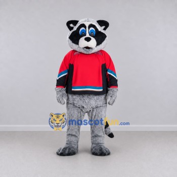 Custom Gray and Red Raccoon in Sportswear Mascot Costume Adult Full Body Suit for Sports Events Custom Gray and Red Raccoon in Sportswear Mascot Costume Adult Full Body Suit for Sports Events