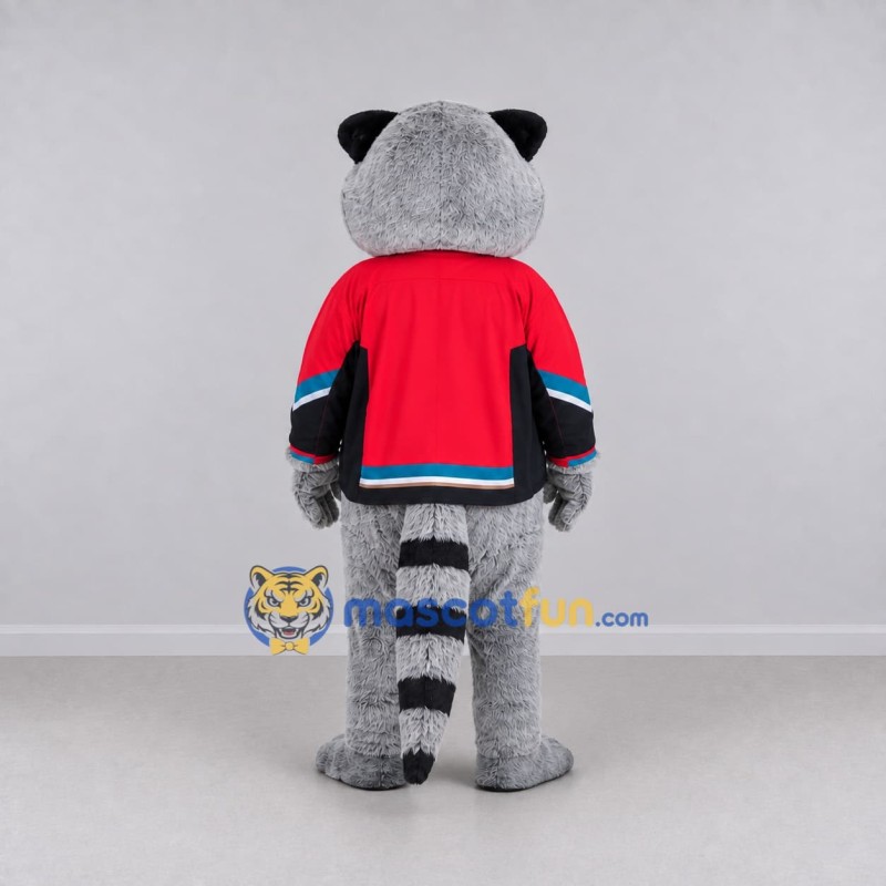 Custom Gray and Red Raccoon in Sportswear Mascot Costume Adult Full Body Suit for Sports Events Custom Gray and Red Raccoon in Sportswear Mascot Costume Adult Full Body Suit for Sports Events