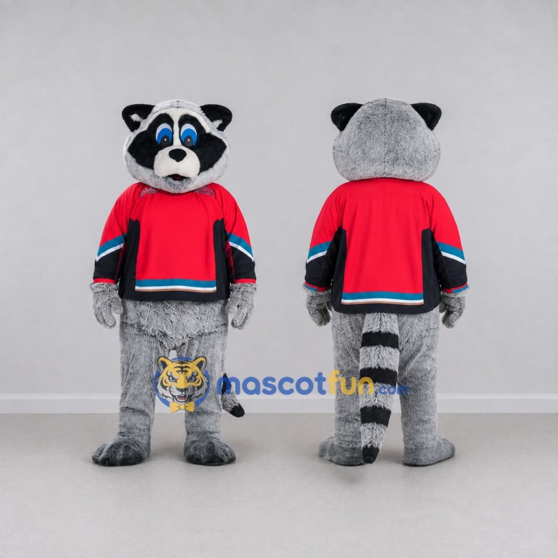 Custom Gray and Red Raccoon in Sportswear Mascot Costume Adult Full Body Suit for Sports Events Custom Gray and Red Raccoon in Sportswear Mascot Costume Adult Full Body Suit for Sports Events