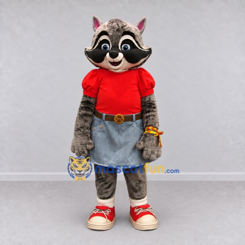 Custom Brown Gray and Red Raccoon in Skirt Mascot Costume Adult Full Body Suit for School Events