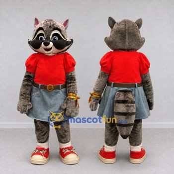 Custom Brown Gray and Red Raccoon in Skirt Mascot Costume Adult Full Body Suit for School Events