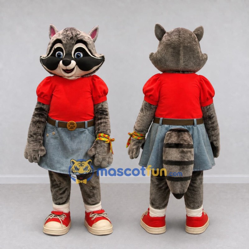 Custom Brown Gray and Red Raccoon in Skirt Mascot Costume Adult Full Body Suit for School Events