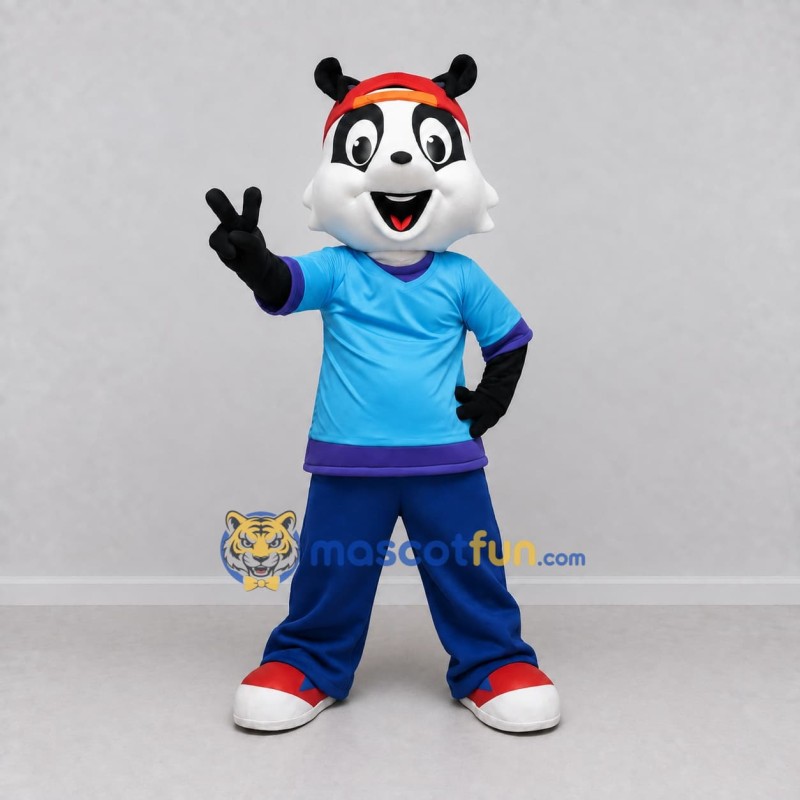 Custom Black White and Blue Panda in Sportswear Mascot Costume Adult Full Body Suit for Sports Events Custom Black White and Blue Panda in Sportswear Mascot Costume Adult Full Body Suit for Sports Events