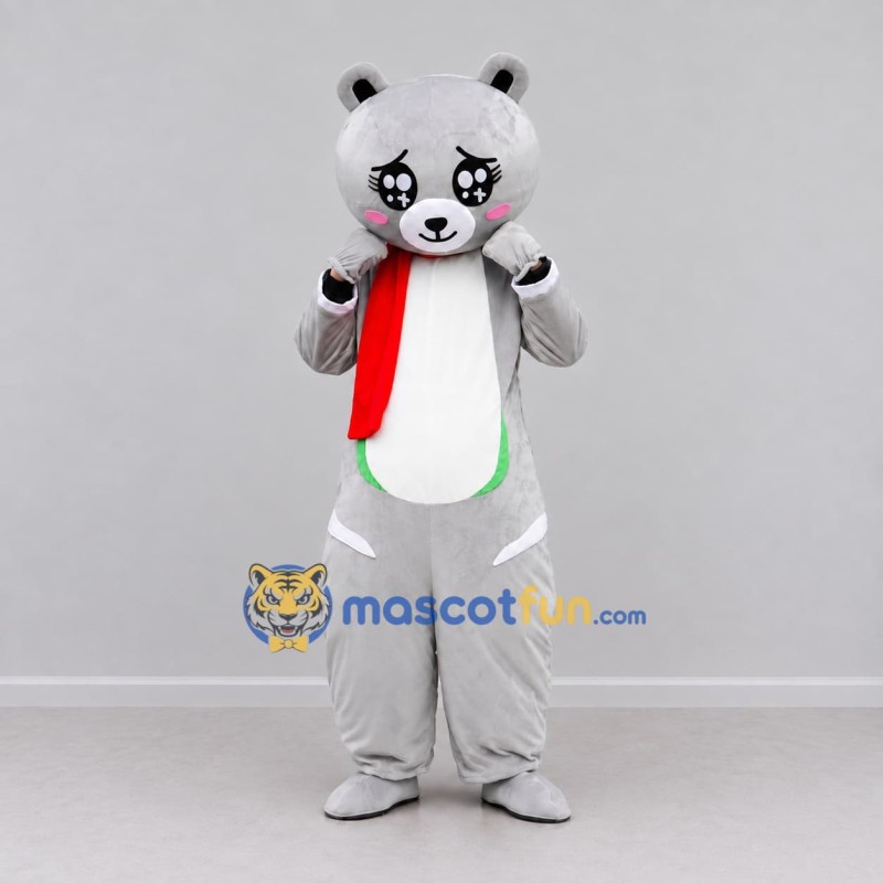 Custom Light Gray and Red Bear with Scarf Mascot Costume Adult Full Body Suit for Winter Events Custom Light Gray and Red Bear with Scarf Mascot Costume Adult Full Body Suit for Winter Events