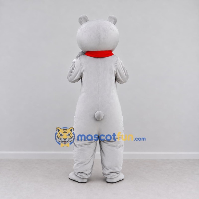 Custom Light Gray and Red Bear with Scarf Mascot Costume Adult Full Body Suit for Winter Events Custom Light Gray and Red Bear with Scarf Mascot Costume Adult Full Body Suit for Winter Events