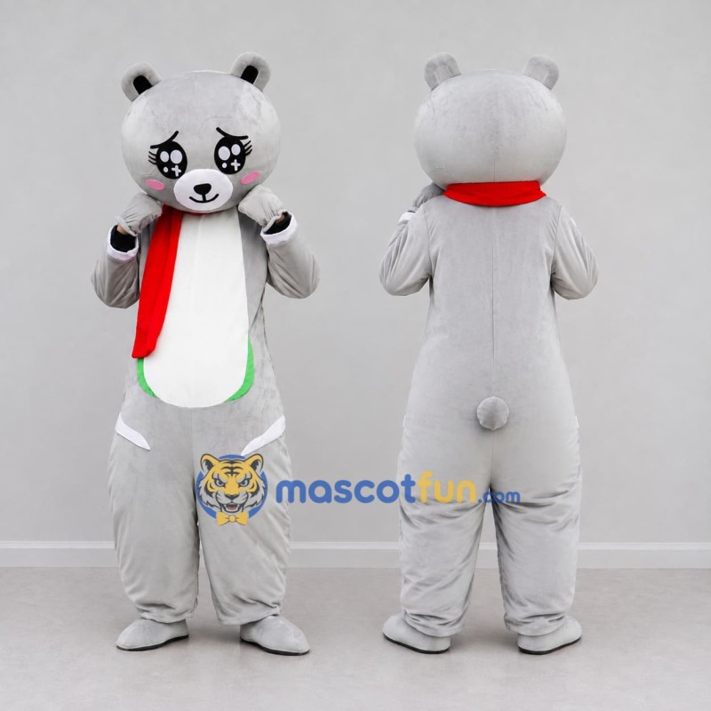 Custom Light Gray and Red Bear with Scarf Mascot Costume Adult Full Body Suit for Winter Events Custom Light Gray and Red Bear with Scarf Mascot Costume Adult Full Body Suit for Winter Events